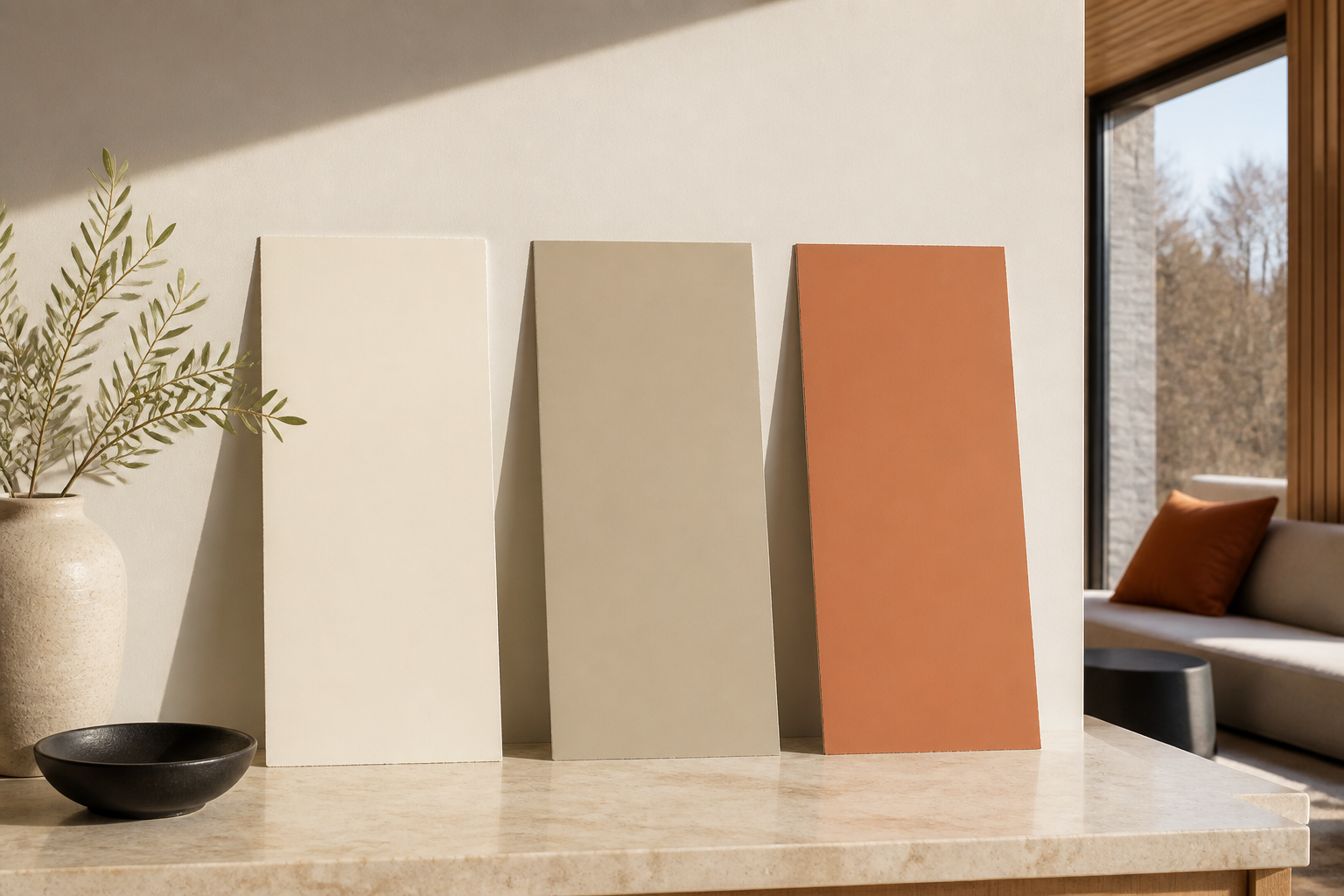 Trois échantillons de peinture dans un intérieur contemporain