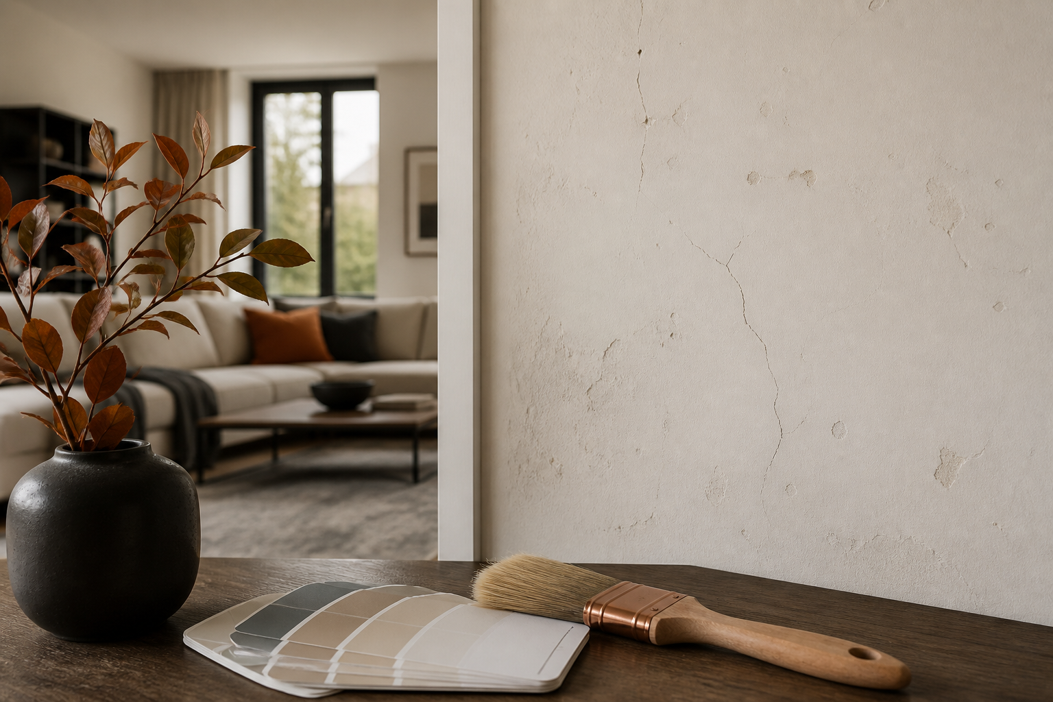 Mur intérieur marqué et fissuré dans un salon moderne